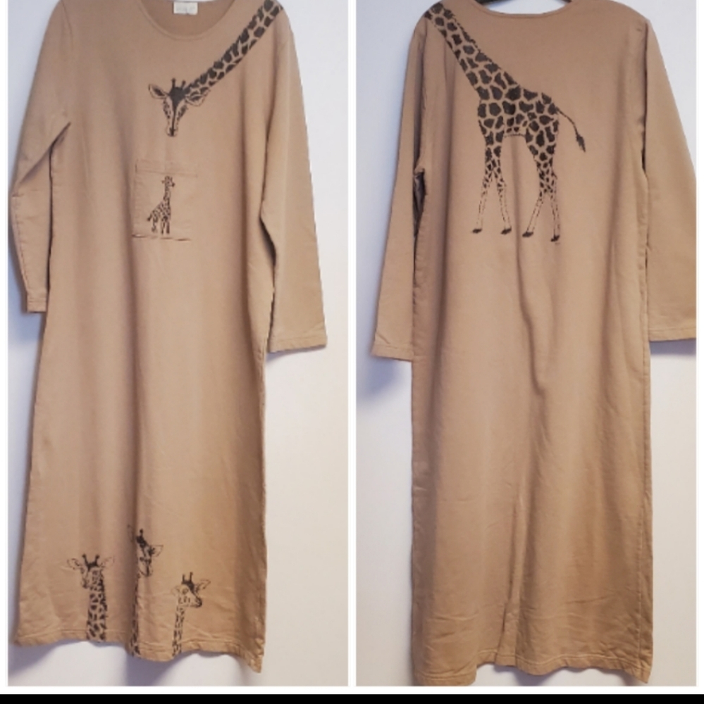 Vintage 1980s Cite Maxi Dress Size L Tan Giraffe Giraffes Short Sleeve Cotton